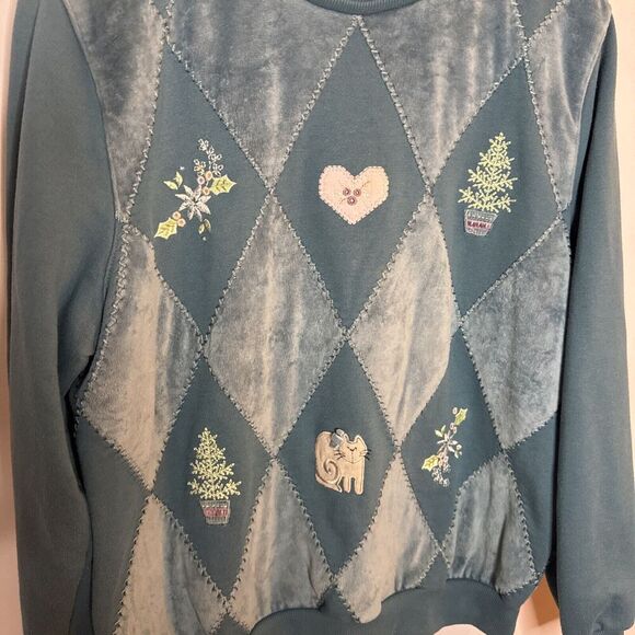 Vintage Alfred Dunner Blue‎ Velvet Top Sweatshirt Med Cat Grandmacore Argyle - Picture 4 of 10